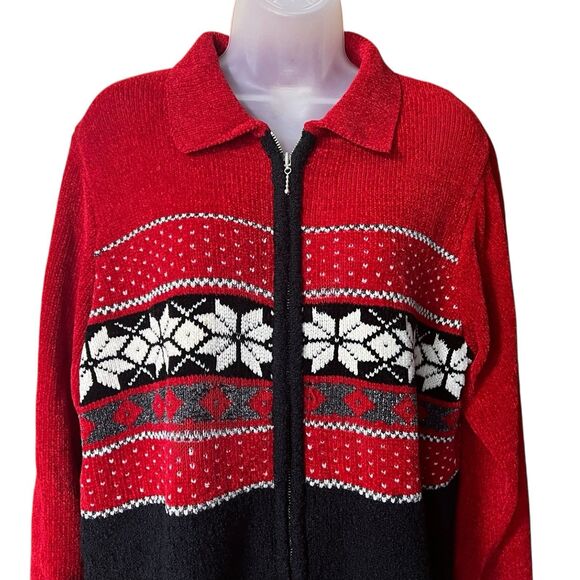 Vtg Parisian Works Red Nordic Fair Isle Zip Front Cardigan Sweater w/Collar Sz M - Picture 7 of 11